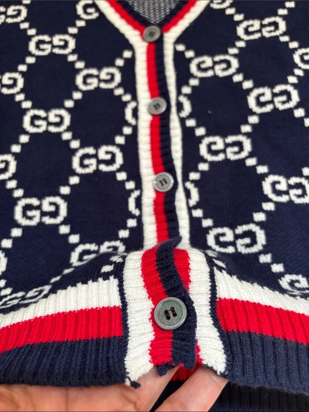 Kids Navy & White GG Logo Knit Cardigan w Red Trim no size tag look pics cute - Picture 7 of 10